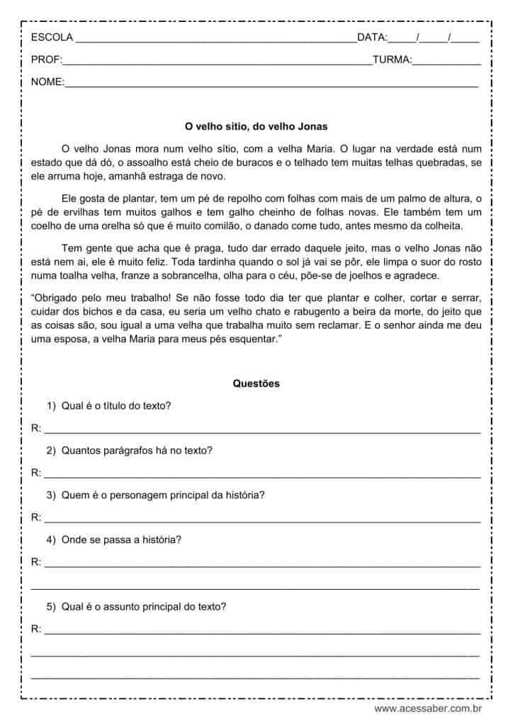 Interpretação de texto: O velho sítio, do velho Jonas - 3º ou 4º ano