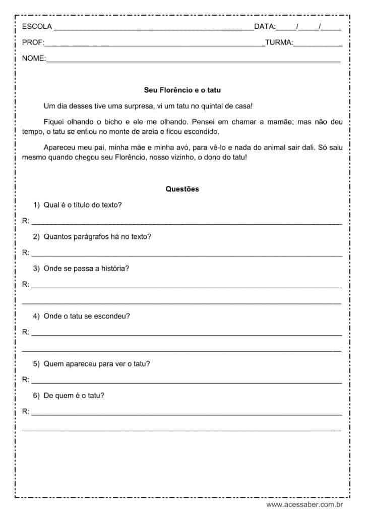 Interpretação de texto: Seu Florêncio e o tatu - 2º ou 3º ano