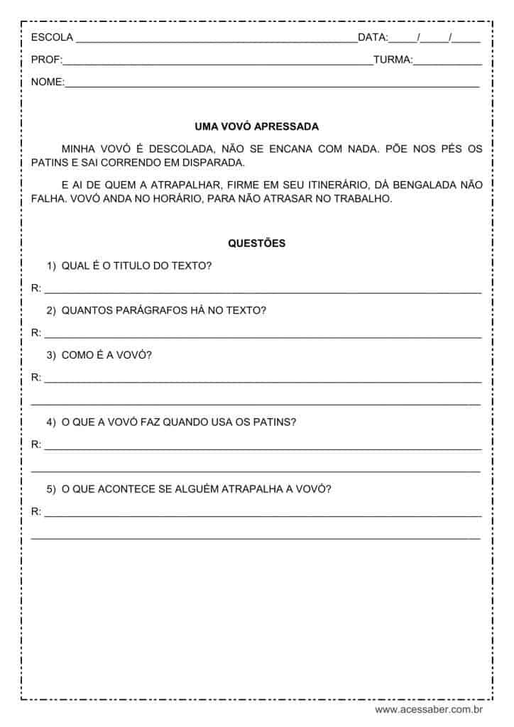 Interpretação de texto: Uma vovó apressada - 1º ou 2º ano