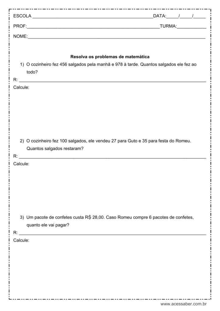 Problemas de matemática - 3º ou 4º ano