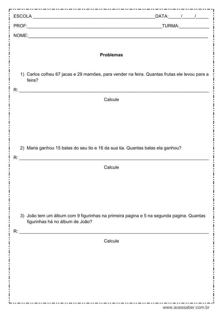 Problemas de matemática: Adição - 2º ou 3º ano