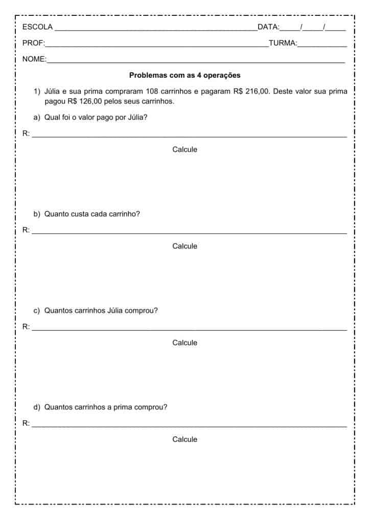 Problemas de matemática: As quatro operações - 5º ou 6º ano