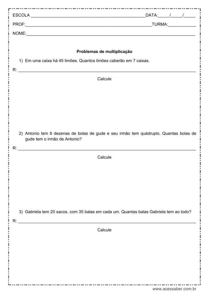 Problemas de matemática: Multiplicação - 3º ou 4º ano
