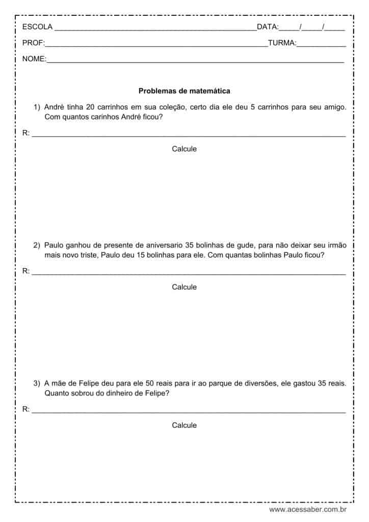 Problemas de matemática: Subtração - 2º ou 3º ano