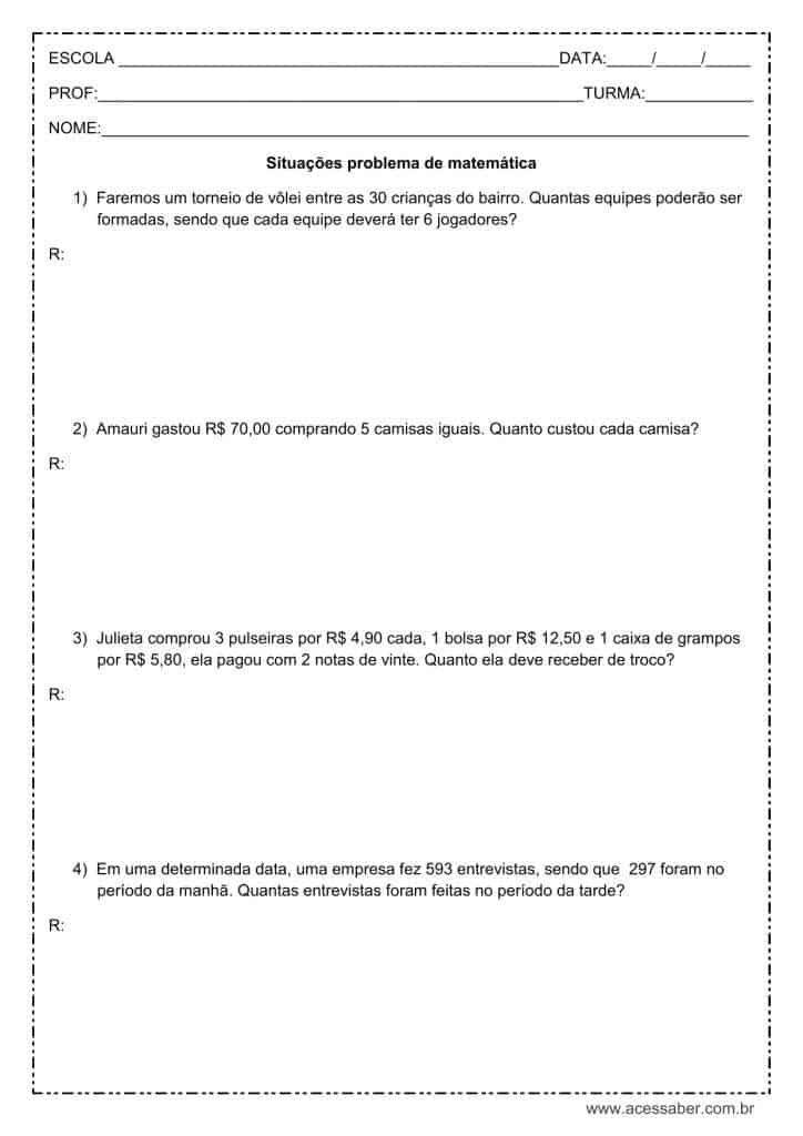 Problemas de matemática - 3º ou 4º ano