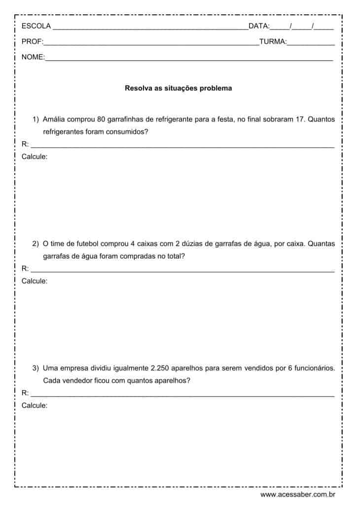 Situações problema de matemática - 3º ou 4º ano