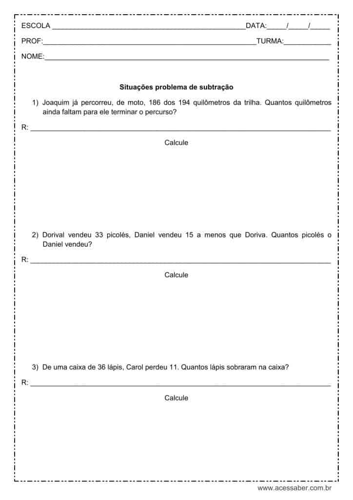 Situações problema de matemática: Subtração - 2º ou 3º ano