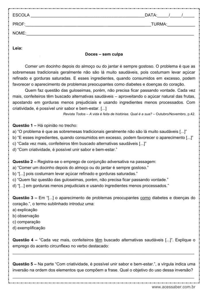 Atividade de língua portuguesa: Conjunção adversativa - 9º ano