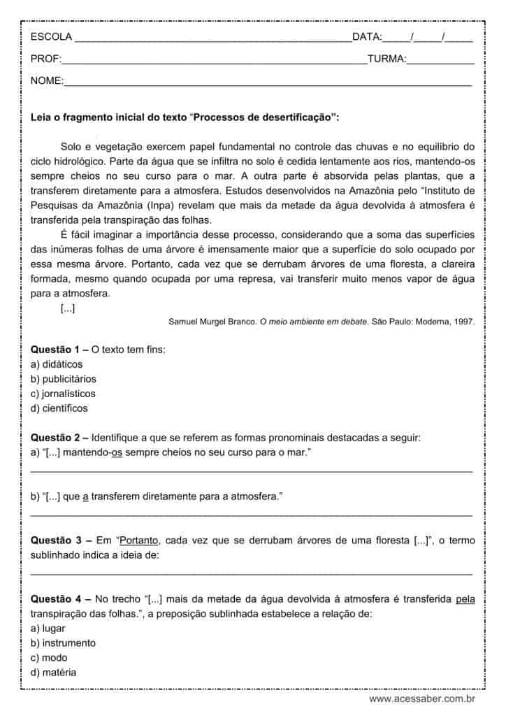 Atividade de língua portuguesa: Preposição - 8º ano