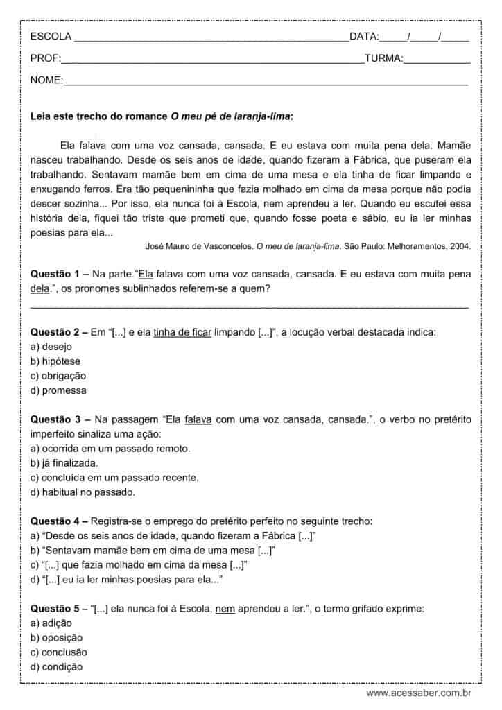 Atividade de língua portuguesa: Pretérito perfeito e imperfeito - 9º ano
