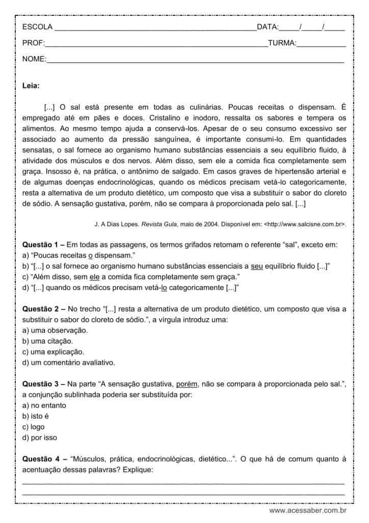 Atividade de língua portuguesa: Proparoxítonas - 8º ano