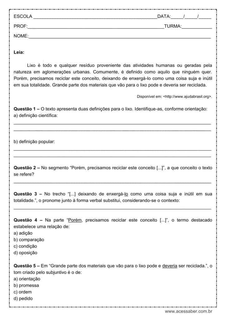Atividade de língua portuguesa: Verbo no subjuntivo - 8º ano