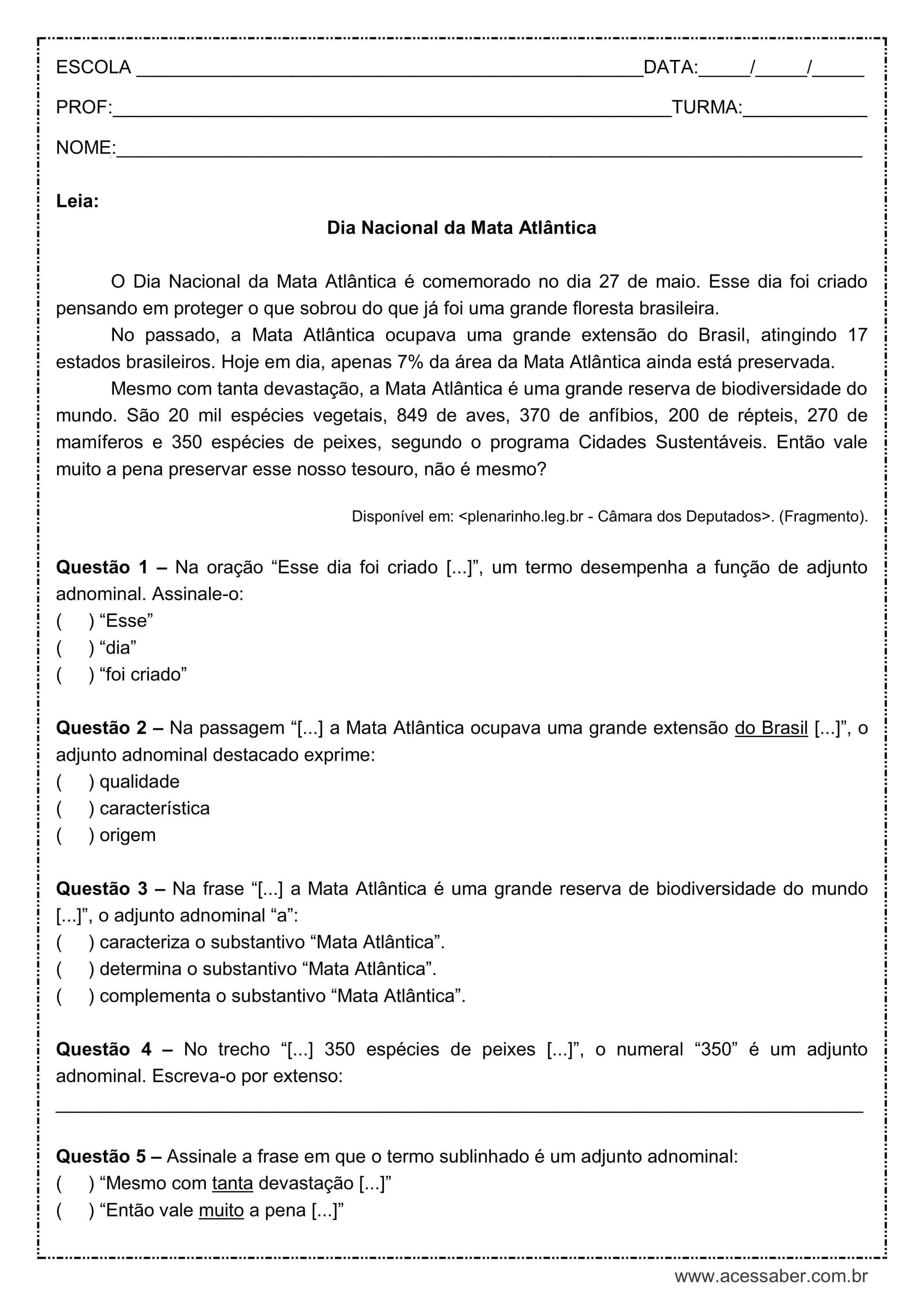 Atividade de português: Adjunto adnominal - 9º ano