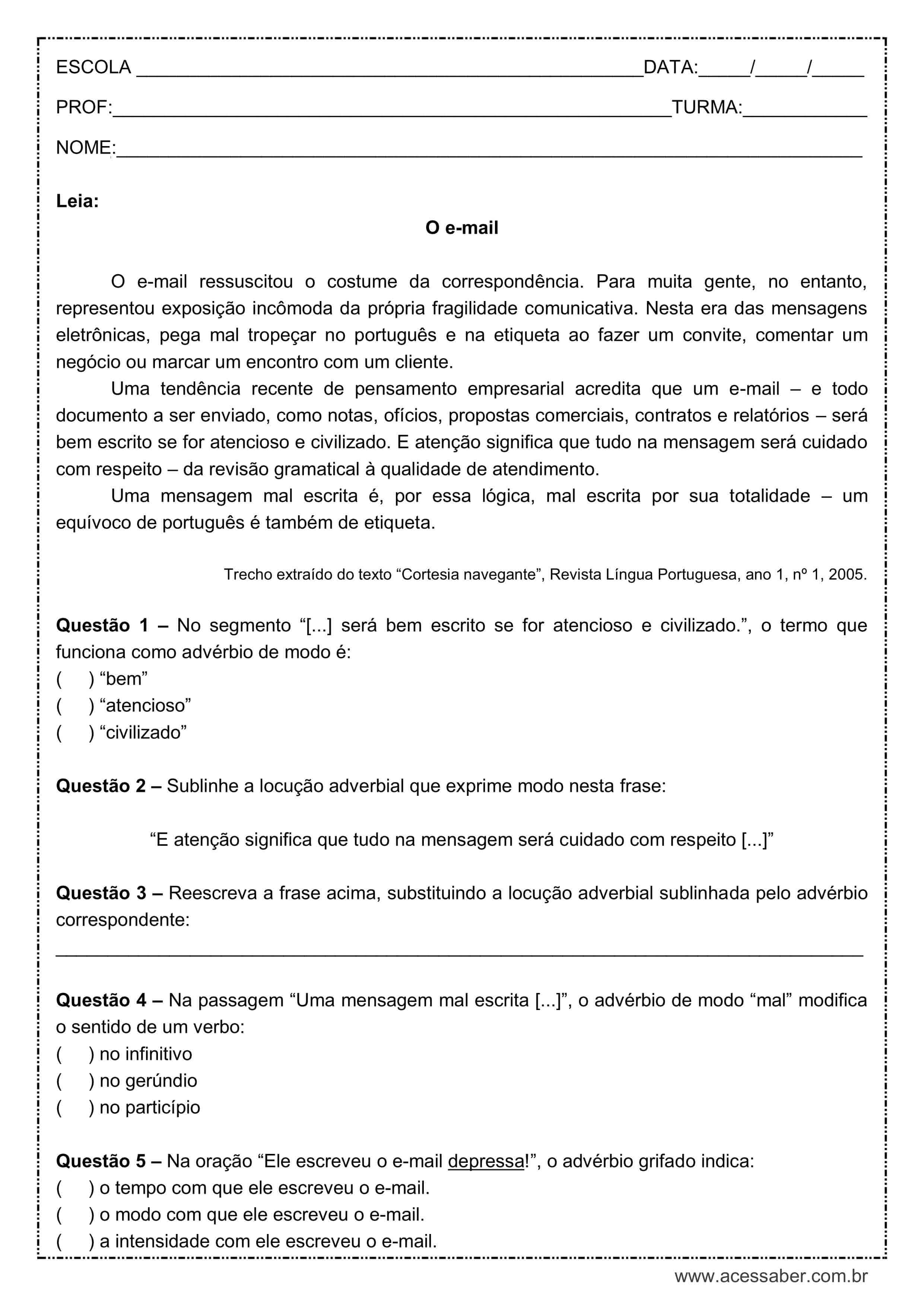 Atividade de português: Advérbios de modo - 8º ano - Acessaber