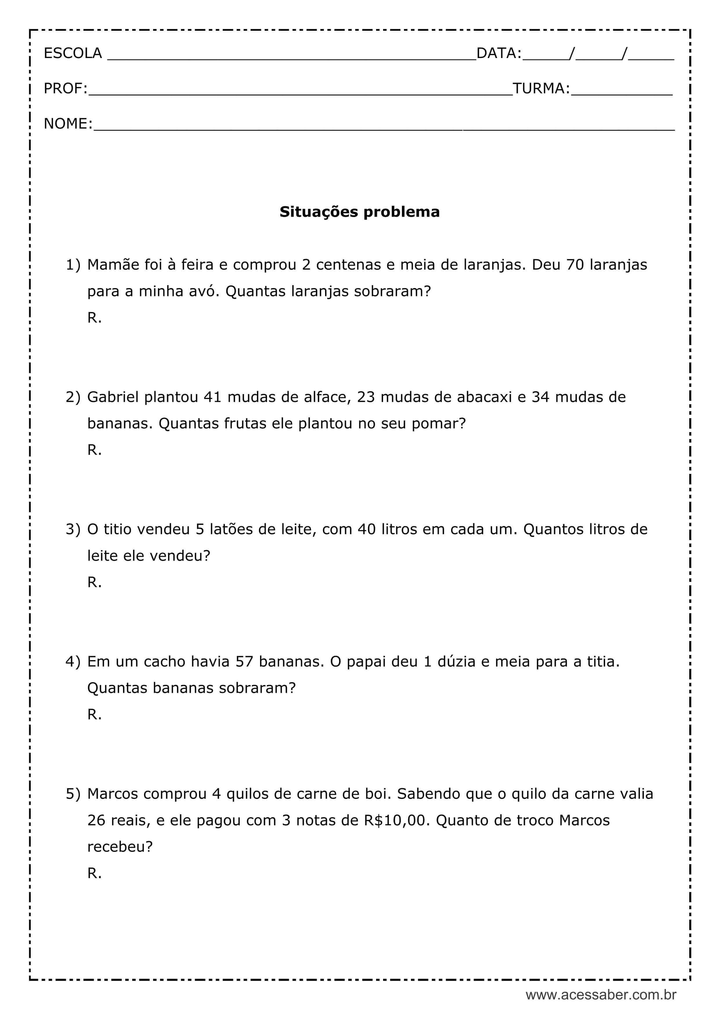 Atividade de matemática: Situações problemas - 3º ano - Acessaber