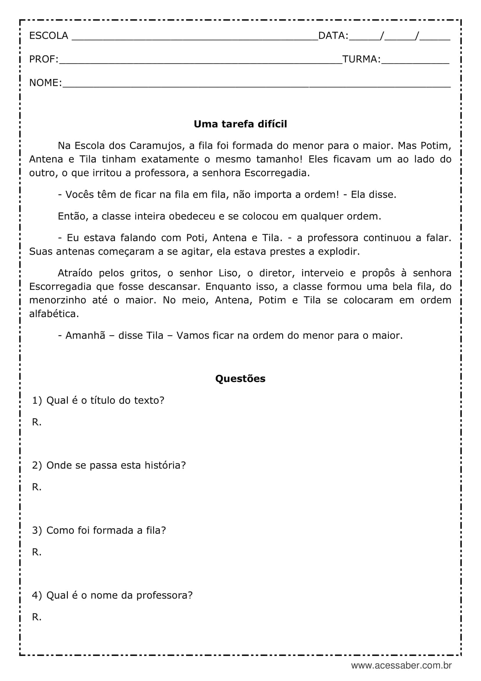 Texto Relato Pessoal Com Interpretação Com Gabarito 3 Ano